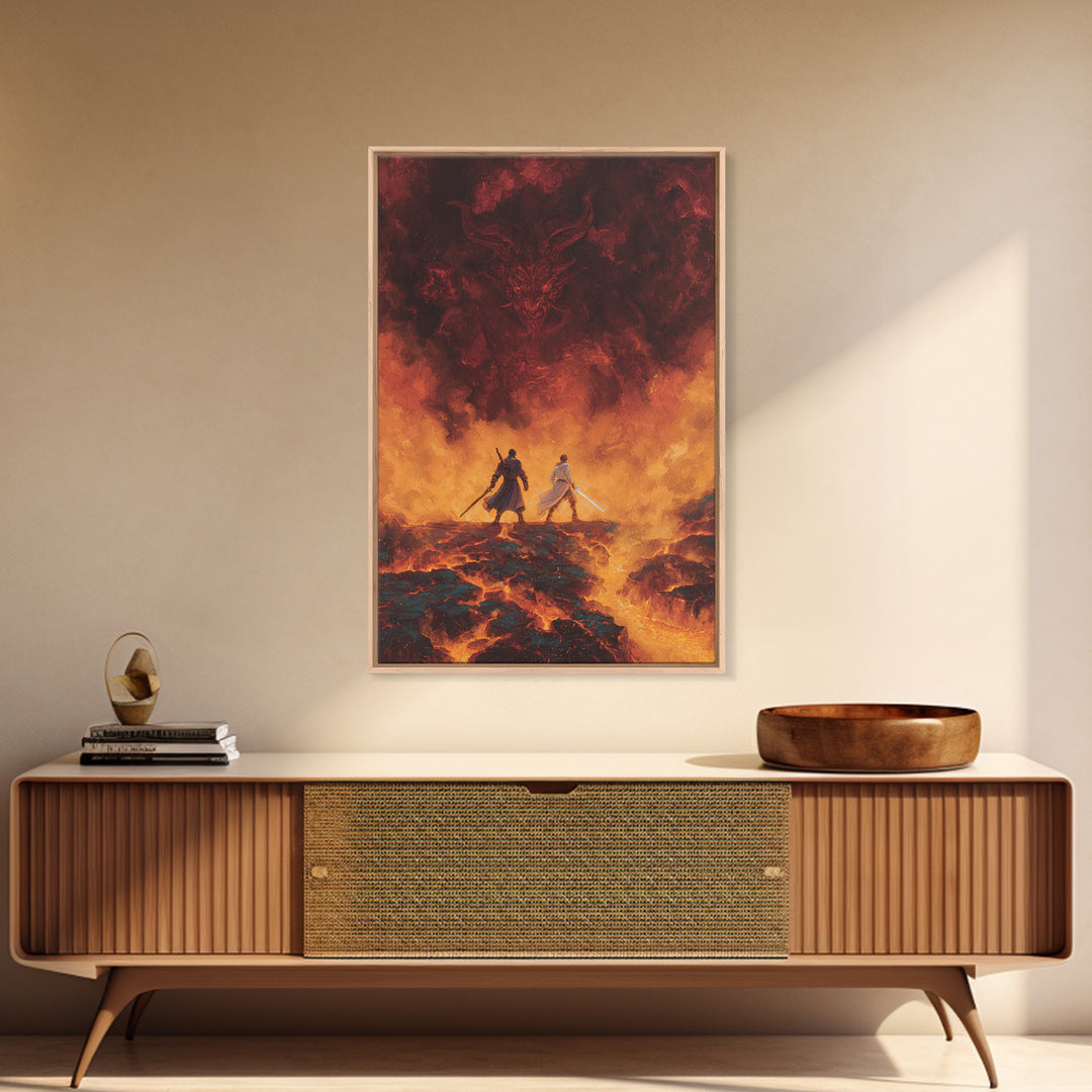 Fiery Demon And Lava Warriors Wall Art, Dark Fantasy Battle Canvas, Gothic Game Room Decor, Epic Dragon Gift For Him, Large Print