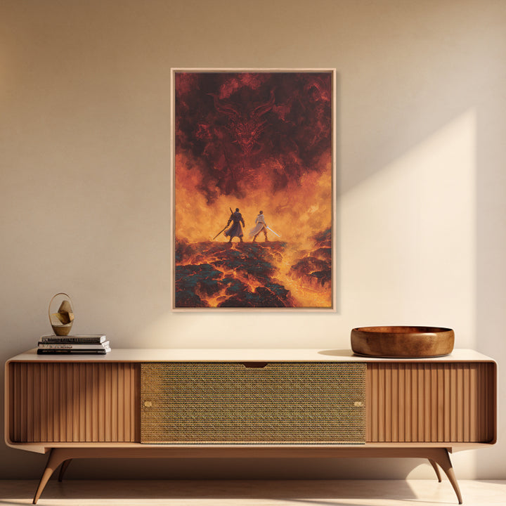 Fiery Demon And Lava Warriors Wall Art, Dark Fantasy Battle Canvas, Gothic Game Room Decor, Epic Dragon Gift For Him, Large Print