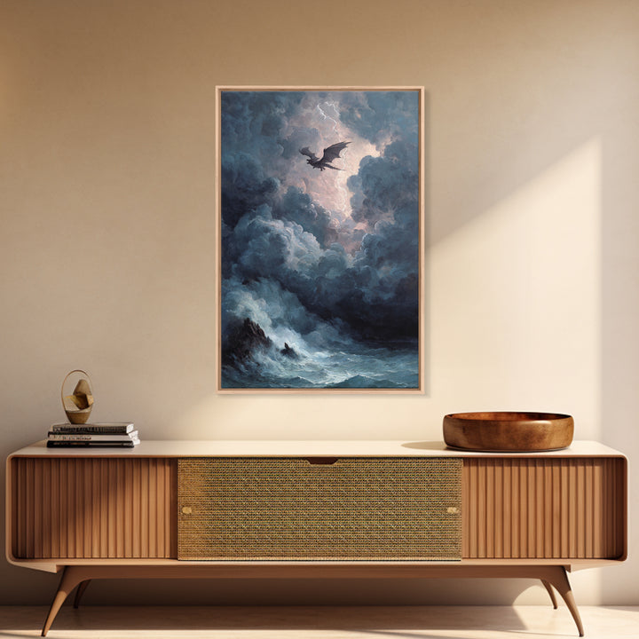 Storm Dragon Over Dark Ocean Wall Art, Gothic Fantasy Canvas Print, Moody Seascape Decor, Lightning Art Gift For Him, Large Print