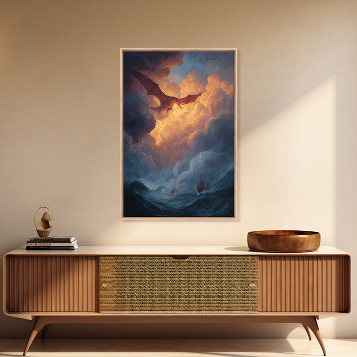 Golden Sky Dragon Above Stormy Sea Framed Canvas Print, Epic Fantasy Wall Art, Ocean Seascape Decor, Dragon Gift For Him