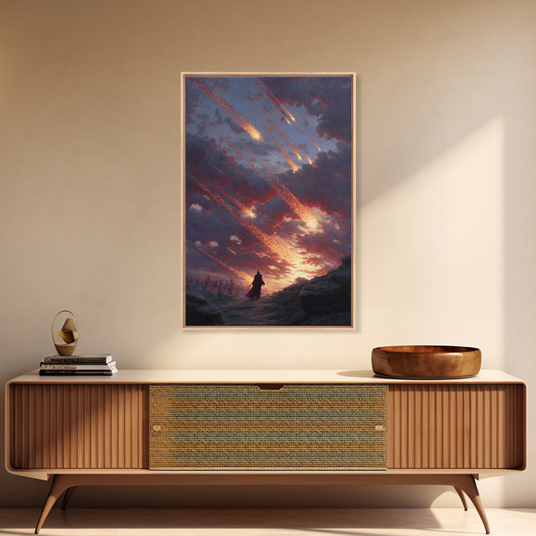 Falling Meteors Over Lone Traveler Wall Art, Apocalyptic Fantasy Canvas Print, Dark Landscape Decor, Dramatic Sky Art Gift