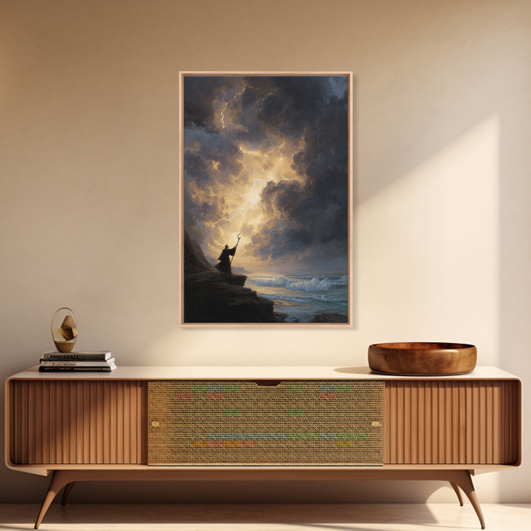 Storm Wizard On Sea Cliff Wall Art, Lightning Sky Canvas Print, Dark Fantasy Seascape Decor, Gothic Coastal Gift For Him