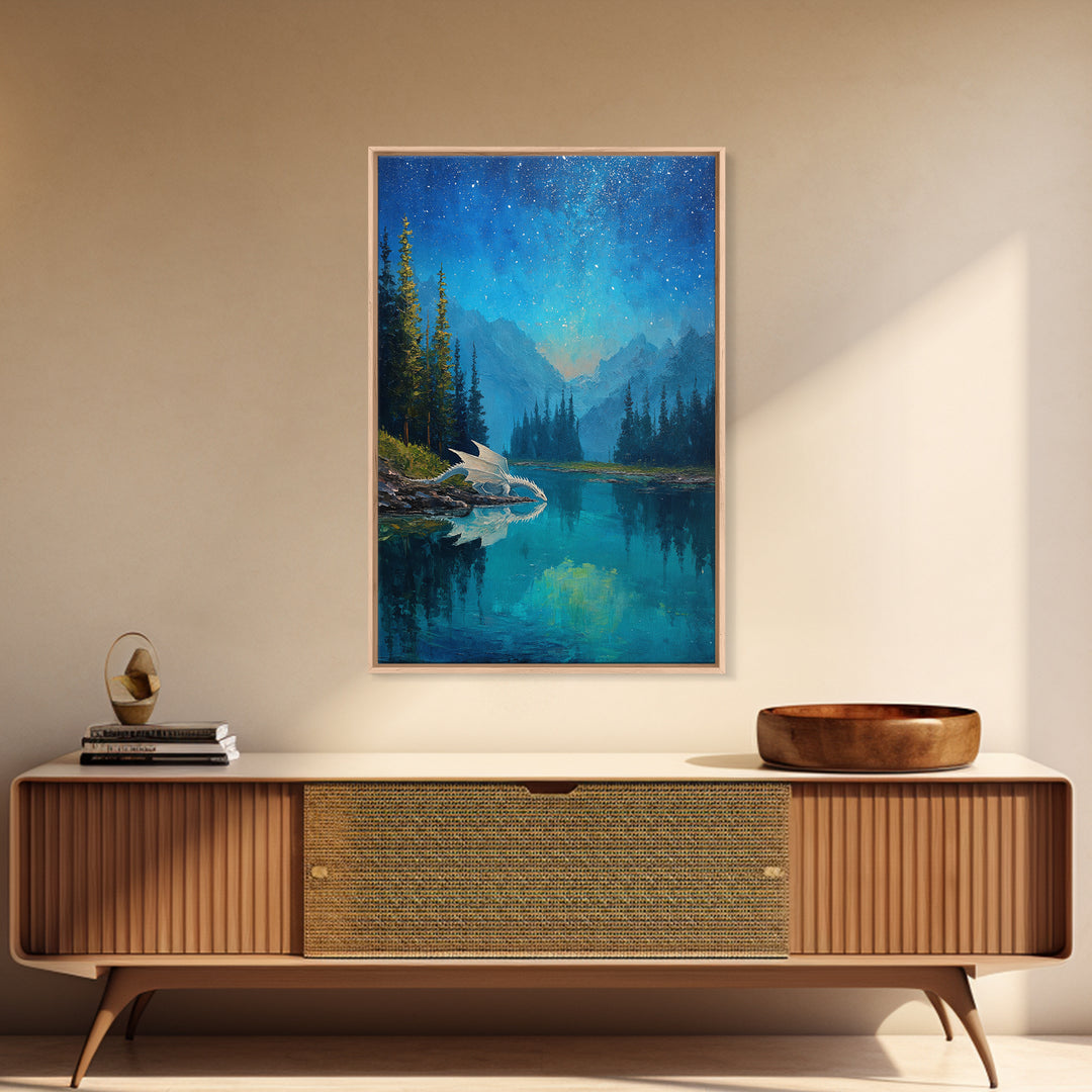 White Dragon Beside Starry Alpine Lake Wall Art, Fantasy Landscape Canvas Print, Blue Nature Decor, Dragon Nursery Gift For Kids