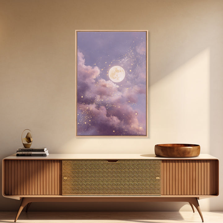 Glowing Moon And Star Cloud Wall Art, Lavender Celestial Canvas, Zodiac Constellation Decor, Dreamy Bedroom Print For Her