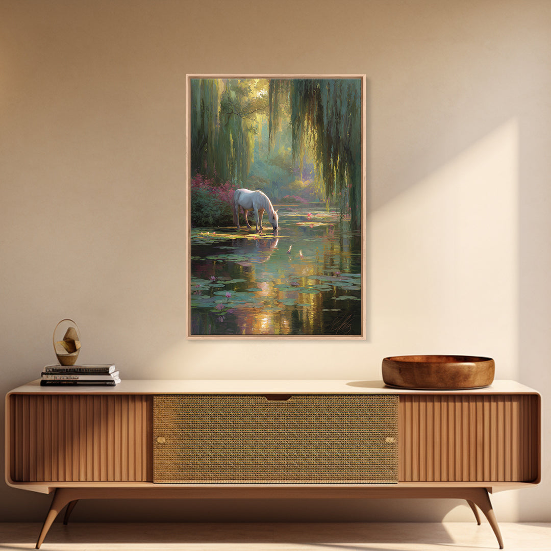 White Horse By Lily Pond Wall Art, Enchanted Forest Fantasy Canvas, Whimsical Nature Decor, Fairy Tale Living Room Art Print