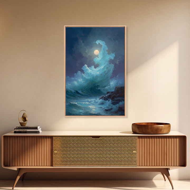 Moonlit Turquoise Wave Canvas Print, Dramatic Ocean Seascape Wall Decor, Coastal Fantasy Art For Bedroom And Living Room