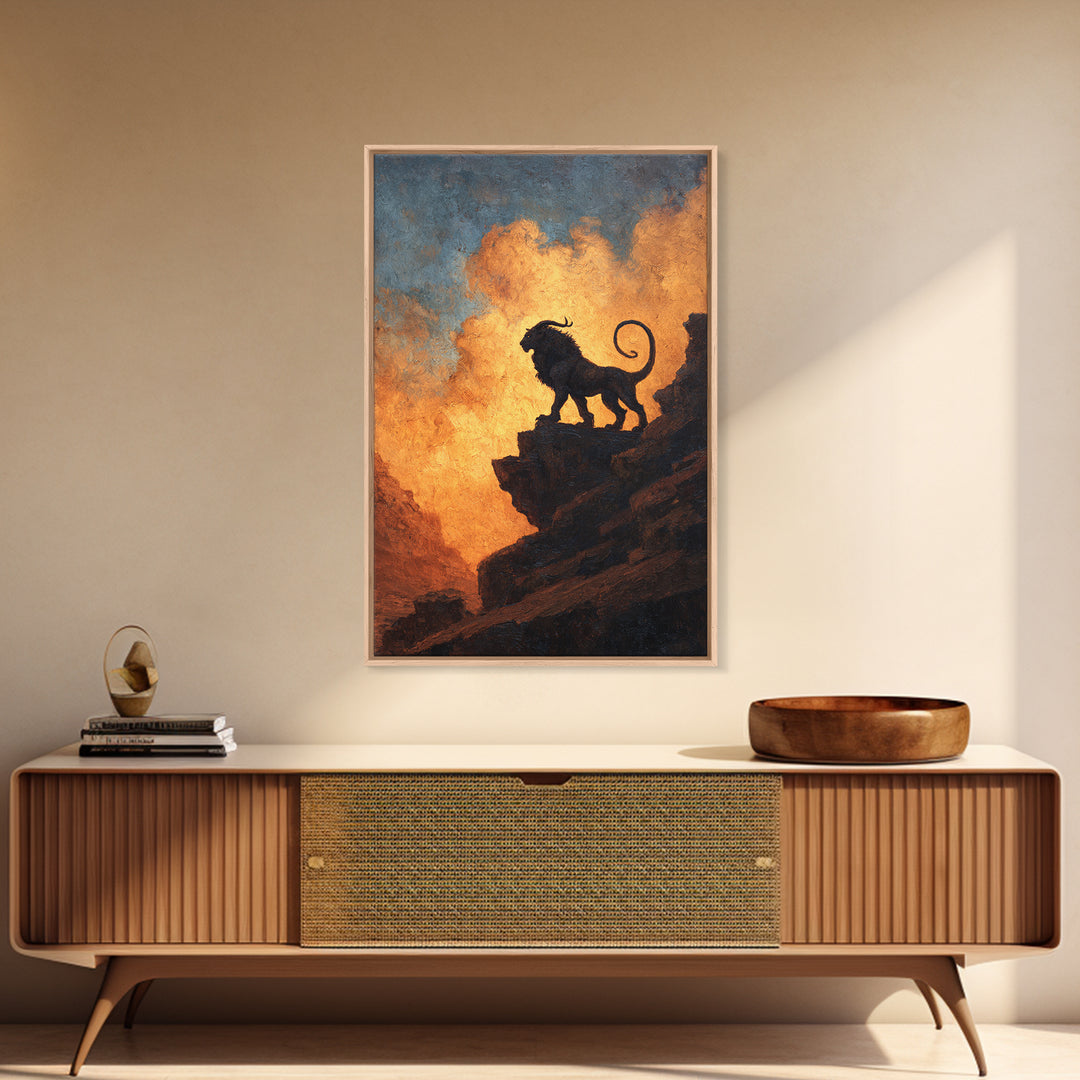 Black Lion On Sunset Cliff Canvas Print, Dramatic Wildlife Silhouette Wall Art, Rustic Safari Decor For Living Room Or Office