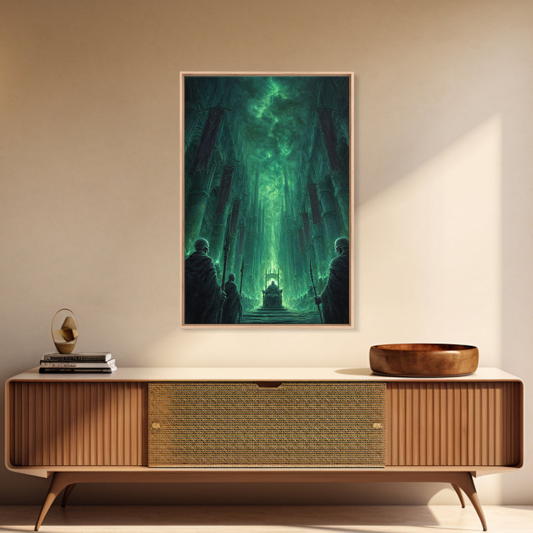 Emerald Gothic Throne Room Framed Canvas Print, Dark Fantasy Cathedral Wall Art, Moody Occult Decor For Office Or Library