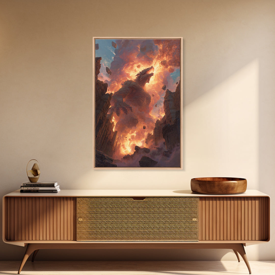 Titan Dragon Rising From Ruins Wall Art, Fiery Fantasy Monster Canvas Print, Epic Apocalyptic Decor For Gamer Room Gift
