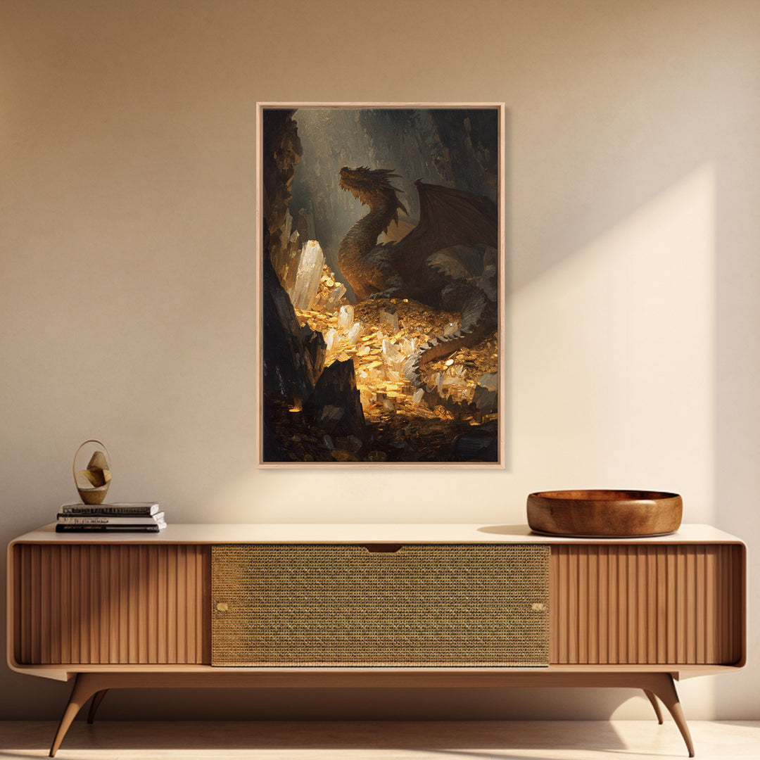 Dragon Guarding Crystal Treasure Framed Canvas Print, Dark Fantasy Cave Wall Art, Mythical Gold Hoard Decor For Gamer Room
