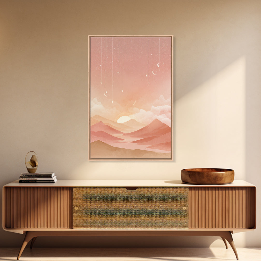 Peach Desert Sunrise Wall Art, Minimalist Moon Landscape Canvas, Boho Nursery Decor, Warm Neutral Bedroom Print Gift For Her