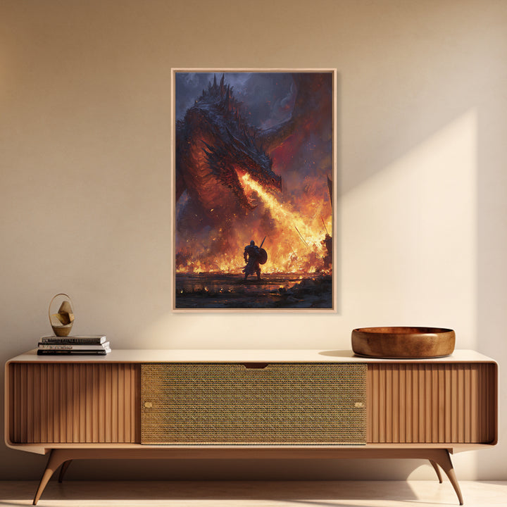 Fire Breathing Dragon Battle Wall Art, Dark Fantasy Canvas Print, Medieval Warrior Decor, Gothic Game Room Gift For Him Art