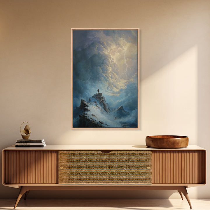 Lone Figure On Stormy Mountain Wall Art, Lightning Cloudscape Canvas Print, Moody Landscape Decor, Dark Academia Gift For Him