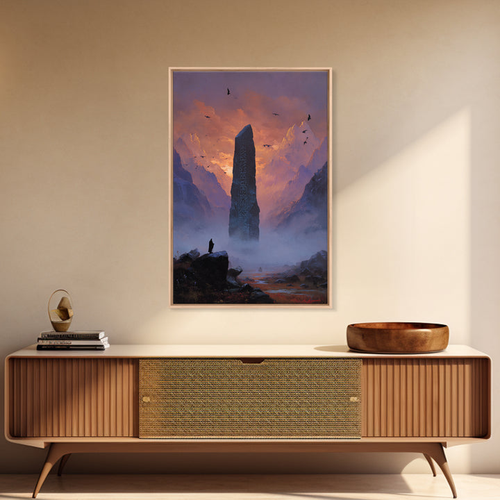 Misty Mountain Monolith Raven Large Canvas Print, Dark Fantasy Wall Art, Epic Landscape Art, Gothic Office Decor, Gift For Him