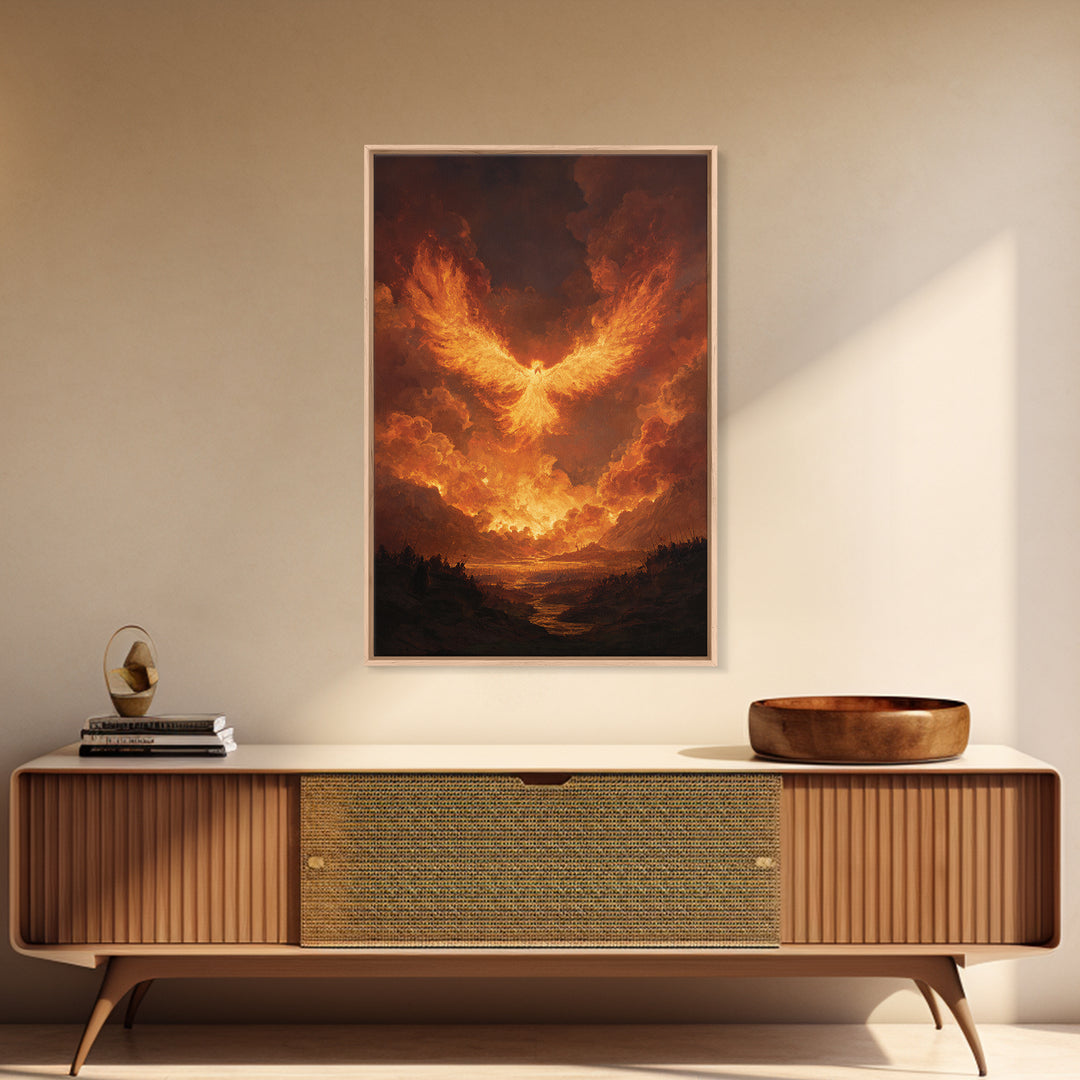 Blazing Phoenix Rising Canvas Print, Fantasy Wall Art, Firebird Painting, Mythical Creature Art, Dramatic Statement Decor