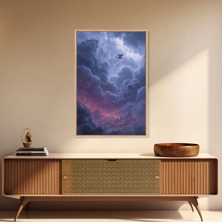 Dragon Over Cloud City Framed Canvas Print, Fantasy Wall Art, Stormy Castle Landscape, Gothic Nursery Decor, Gift For Him
