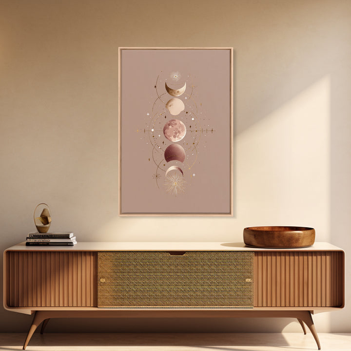 Moon Phases Celestial Wall Art, Taupe Boho Astrology Canvas, Mystical Lunar Decor, Minimalist Bedroom Print Gift For Her
