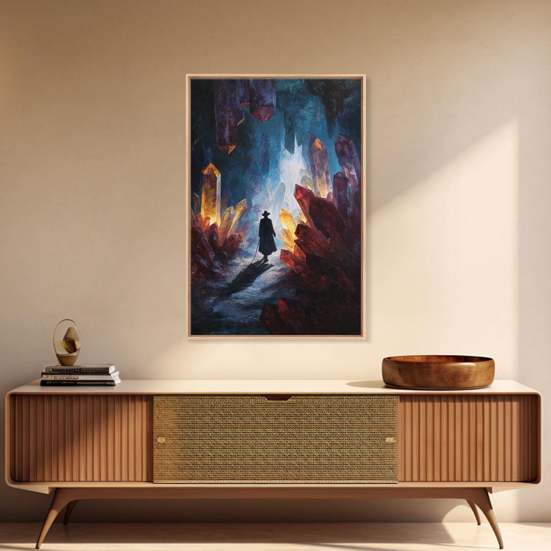 Glowing Crystal Cave Explorer Canvas Print, Fantasy Wall Art, Mystical Gemstone Cavern, Dark Academia Home Decor Gift For Him