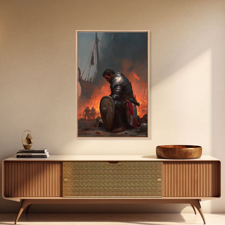 Kneeling Armored Warrior Canvas Print, Dark Fantasy Wall Art, Medieval Battle Scene, Viking Decor, Gift For Him Home Decor