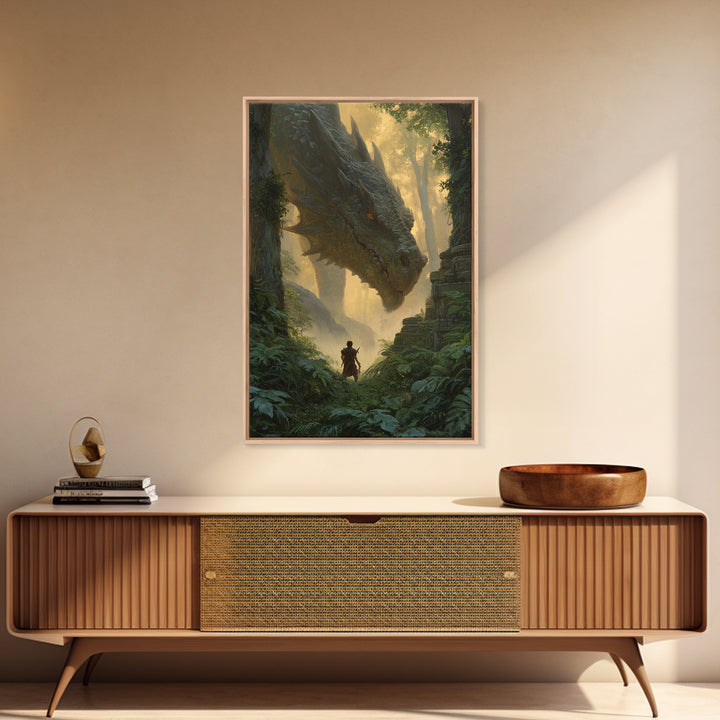 Giant Dragon In Ancient Jungle Ruins Wall Art Fantasy Canvas Print For Living Room Decor, Epic Heroic Gamer Room Gift For Him