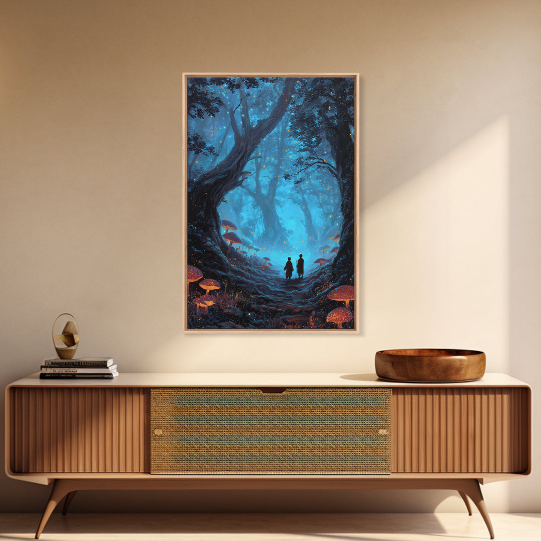Enchanted Blue Mushroom Forest Wall Art Magical Fantasy Canvas Print For Bedroom Decor, Whimsical Fairy Tale Gift For Her