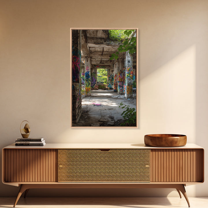 Sunlit Abandoned Graffiti Building Wall Art Urban Decay Photography Print, Industrial Office Decor For Modern Lofts Gift