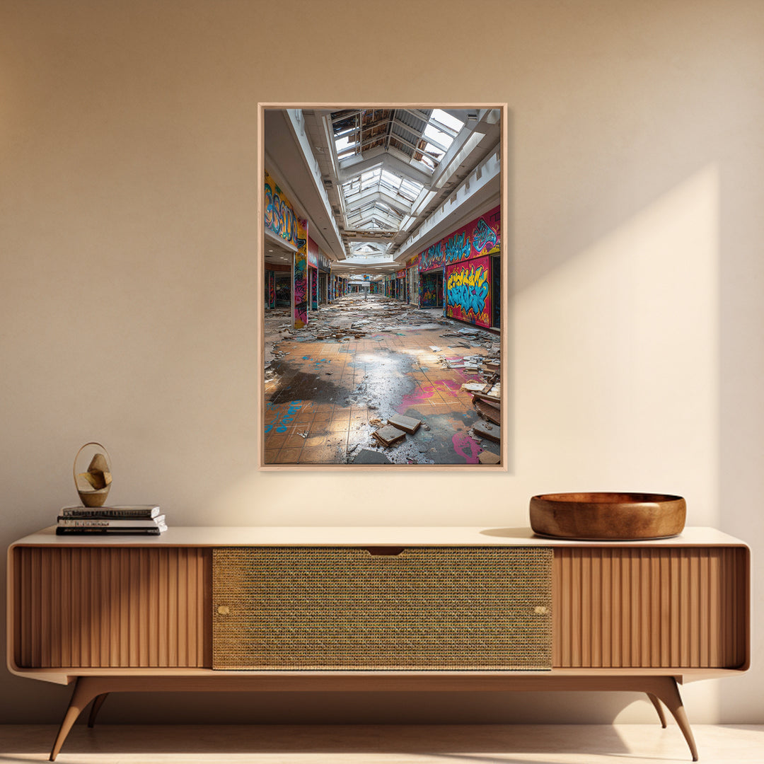 Abandoned Mall Atrium With Graffiti Wall Art Urban Decay Photography Print, Modern Industrial Decor For Loft Living Room