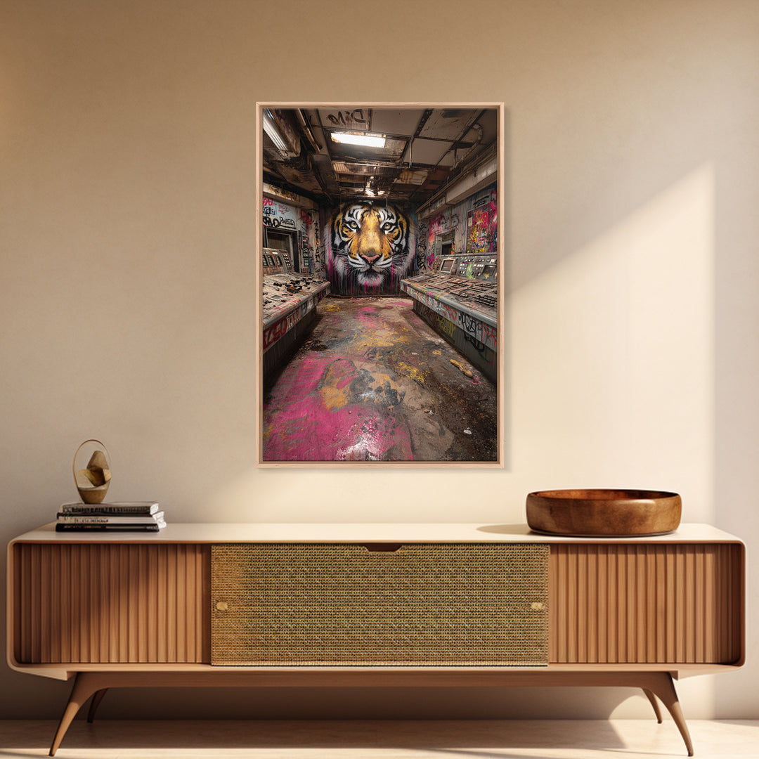 Tiger Mural In Abandoned Control Room Wall Art Urban Graffiti Canvas Print, Bold Animal Decor For Game Room Or Office Gift