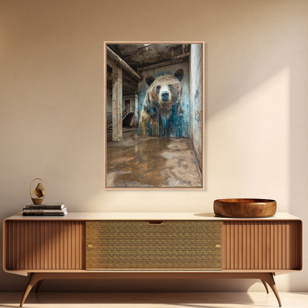Realistic Bear Mural In Industrial Ruins Wall Art Urban Wildlife Canvas Print, Rustic Animal Decor For Cabin Or Office Gift