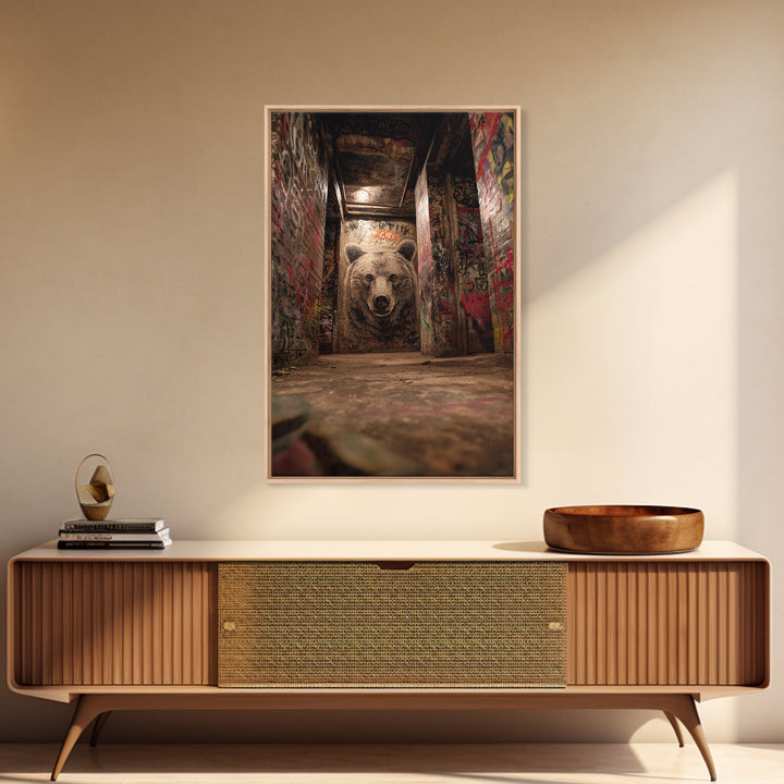 Moody Bear Portrait Graffiti Tunnel Wall Art Urban Wildlife Canvas Print, Dark Industrial Decor For Man Cave Or Office Gift