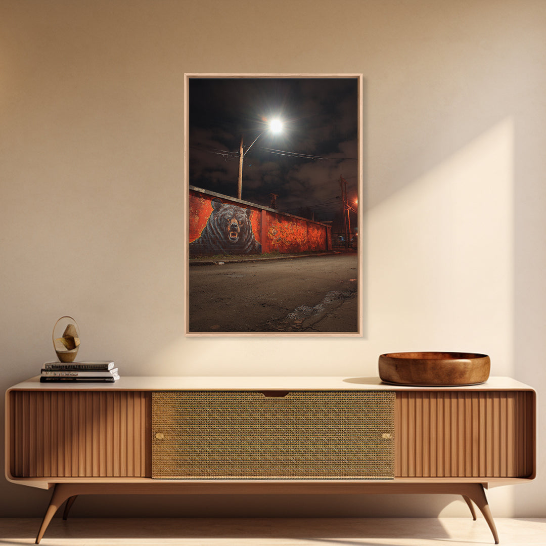 Night Street Bear Graffiti Wall Art Urban Wildlife Canvas Print, Red Brick Mural Decor For Man Cave Or Industrial Office