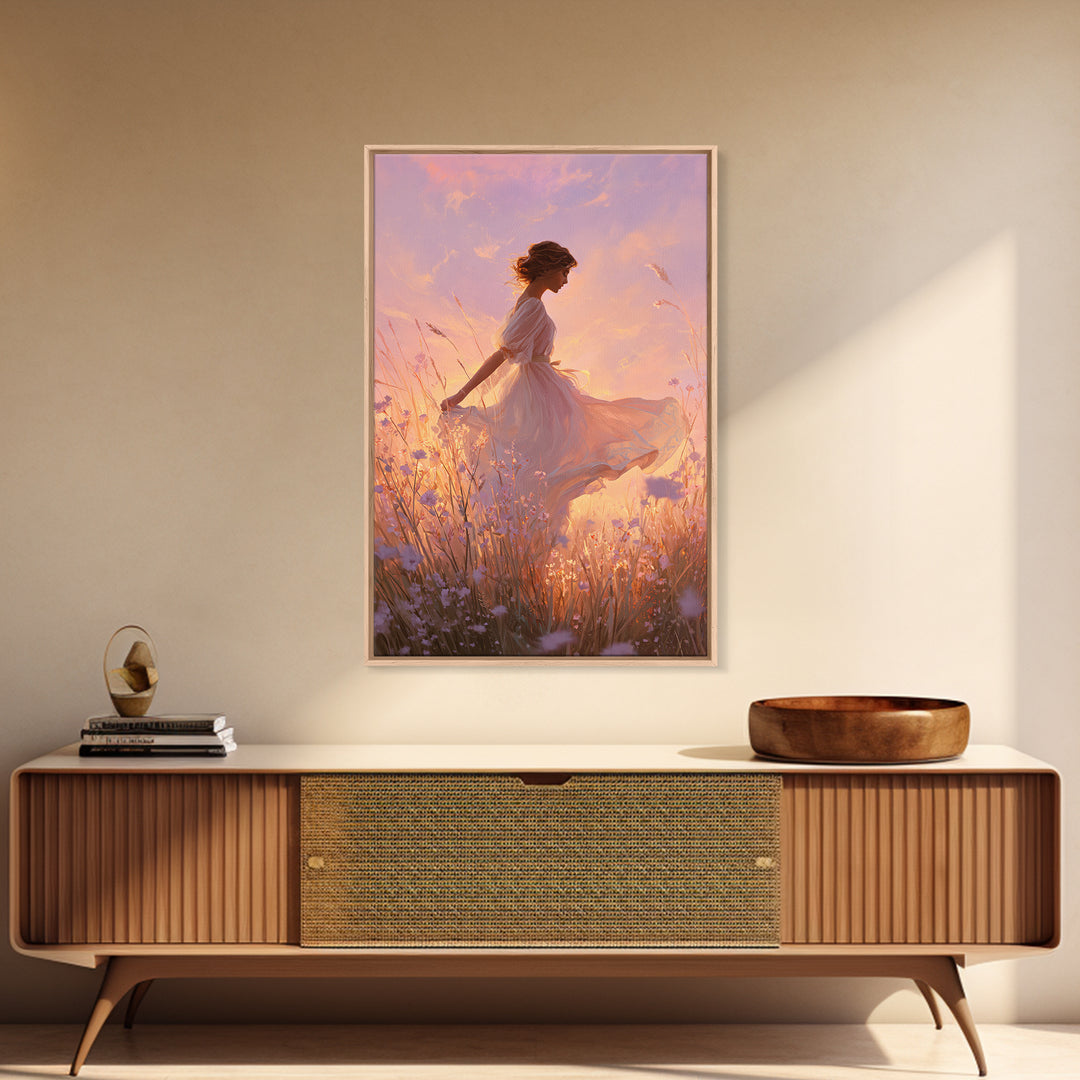 Sunset Meadow Woman In White Dress Wall Art, Romantic Wildflower Canvas Print, Feminine Bedroom Decor, Living Room Decor, Gift For Her