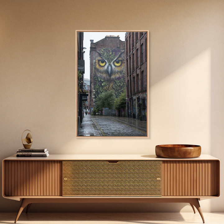 Large Vibrant Owl Mural Painted On Brick Building Wall In City Street - Original Wall Art Canvas Print For Urban Decor
