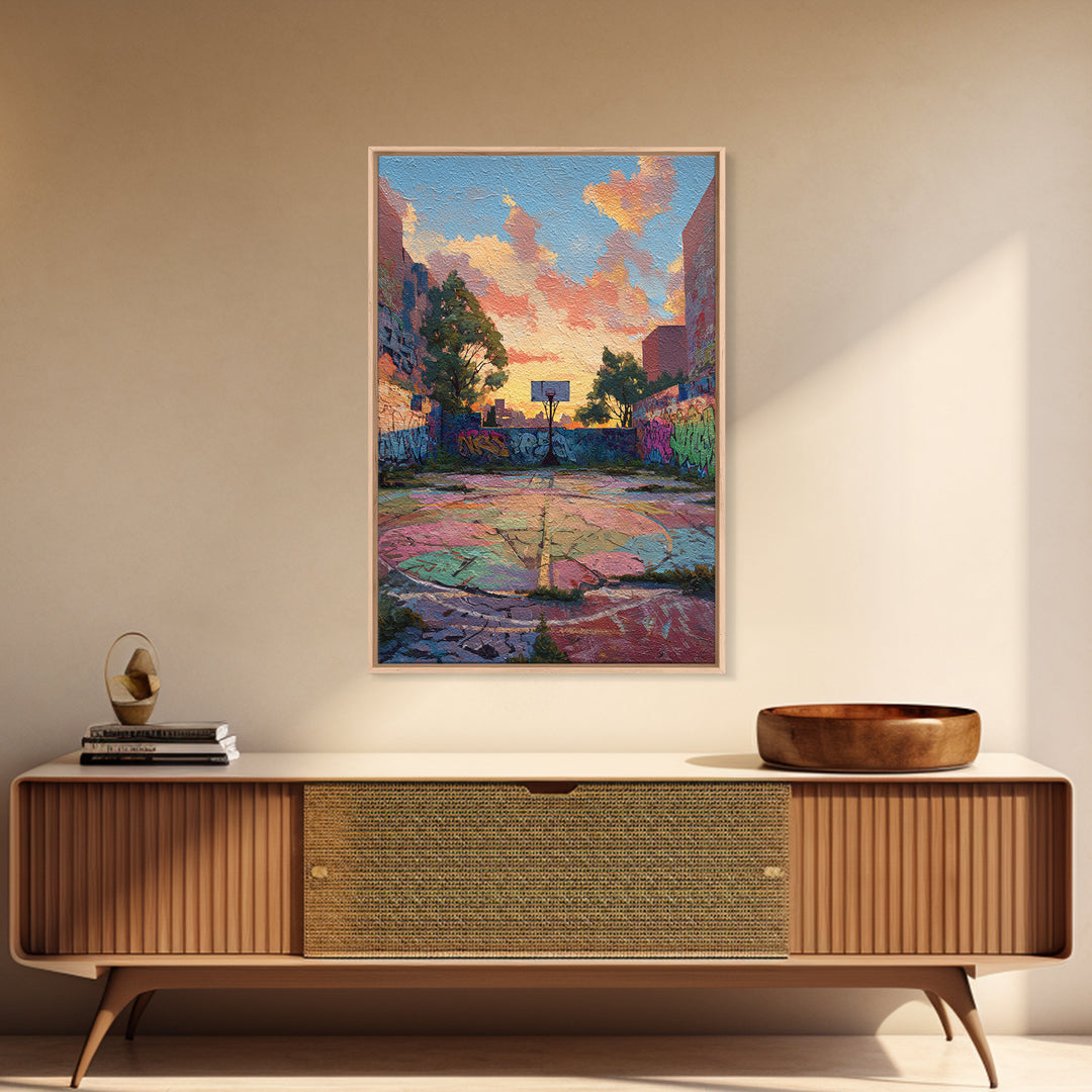 Urban Graffiti Basketball Court Sunset Colorful Street Art Canvas Print Vibrant Wall Art For Modern Living Room