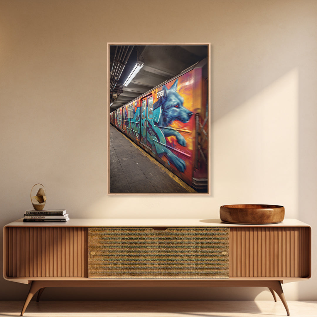 Graffiti Art Subway Train With Blue Dog Design Urban Street Art Canvas Print For Unique Contemporary Wall Decor