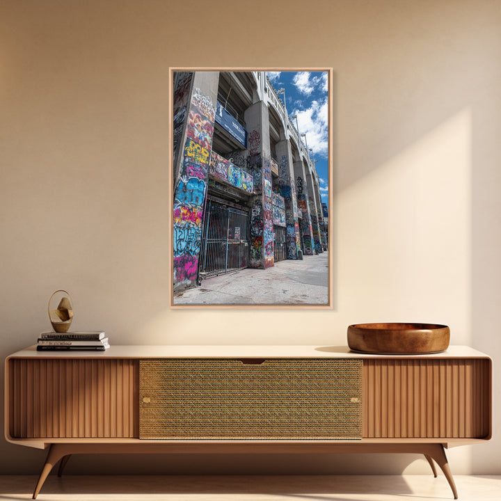 Abandoned Urban Street Art Graffiti Wall With Blue Sky | Vibrant Modern Wall Art Print For Home Decor Framed Canvas Print