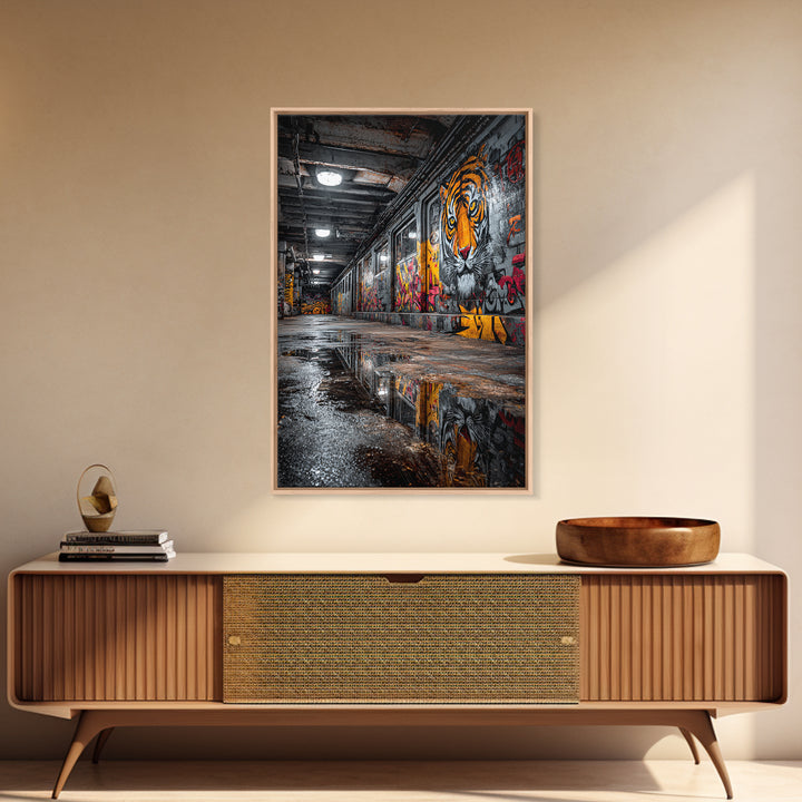 Urban Subway Corridor With Tiger Graffiti Art Moody Street Art Wall Decor - Canvas Print For Industrial Loft And Urban Spaces