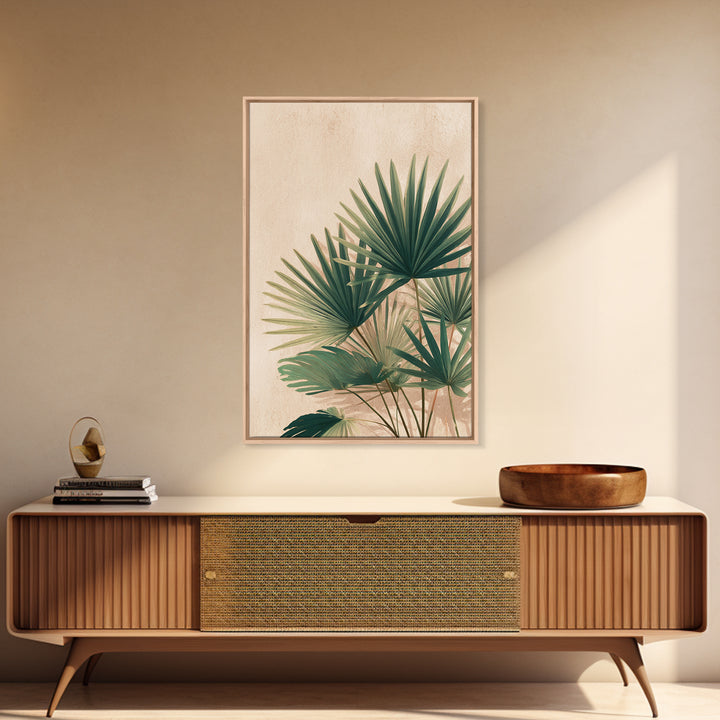 Green Fan Palm Botanical Wall Art, Tropical Leaf Canvas Print, Coastal Boho Living Room Decor, Large Nature Inspired Art