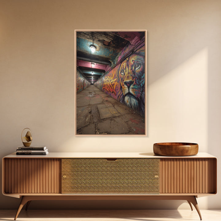 Urban Subway Tunnel Animal Graffiti Wall Art Colorful Lion Mural Framed Canvas Print For Street Art Lovers And Man Cave