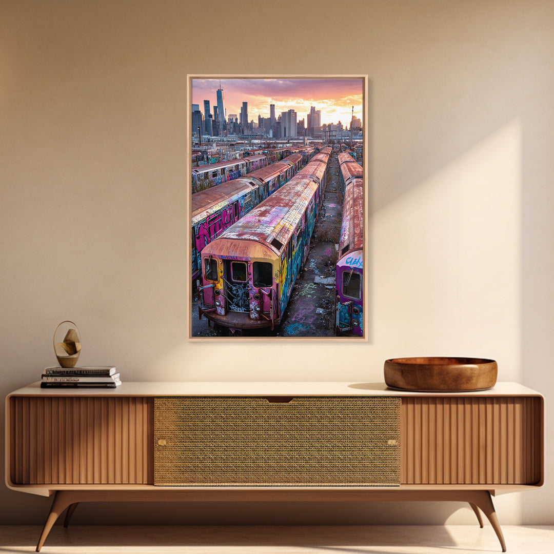 Abandoned Graffiti Covered Subway Trains Cityscape Urban Wall Art Print | Modern Wall Art Home Decor Gift For Him