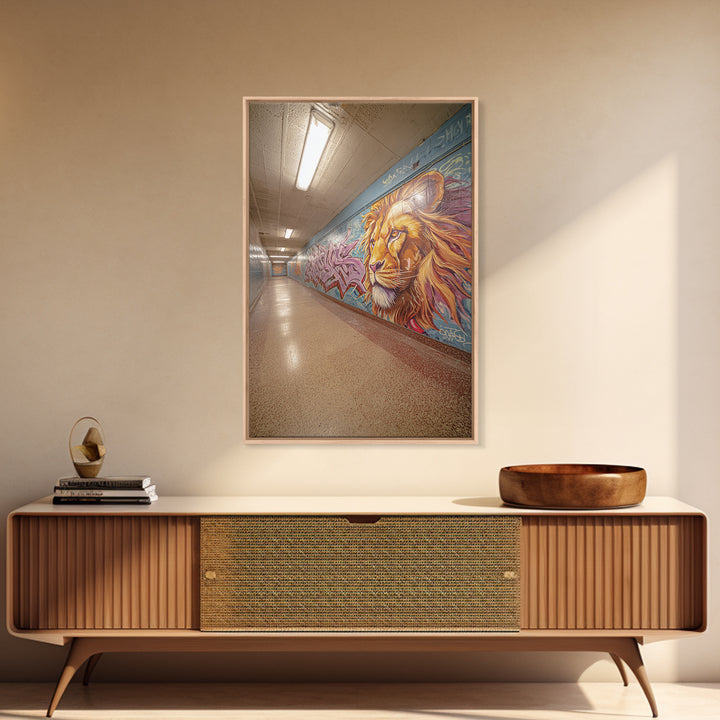 Artistic Lion Mural In City Tunnel Hallway Urban Street Art Decor | Vibrant Wall Art Print For Home Or Office Framed Canvas