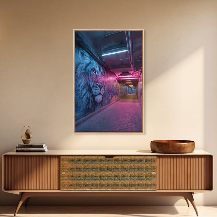 Vibrant Neon Alleyway Street Art With Majestic Lion Mural Wall Art Framed Canvas Print For Urban Home Decor