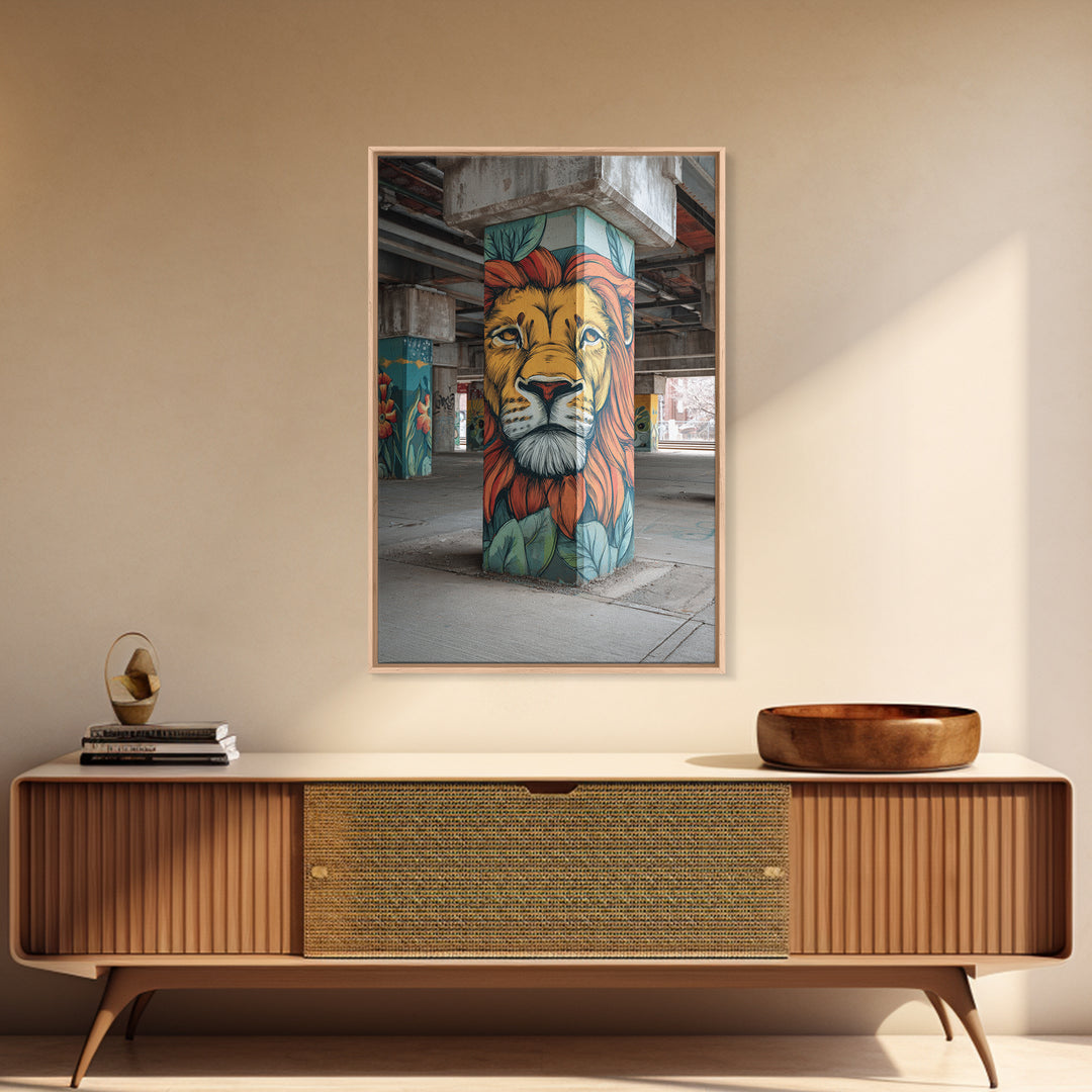 Majestic Lion Mural Painted On Concrete Pillar Urban Wall Art Framed Canvas Print For Unique Decor