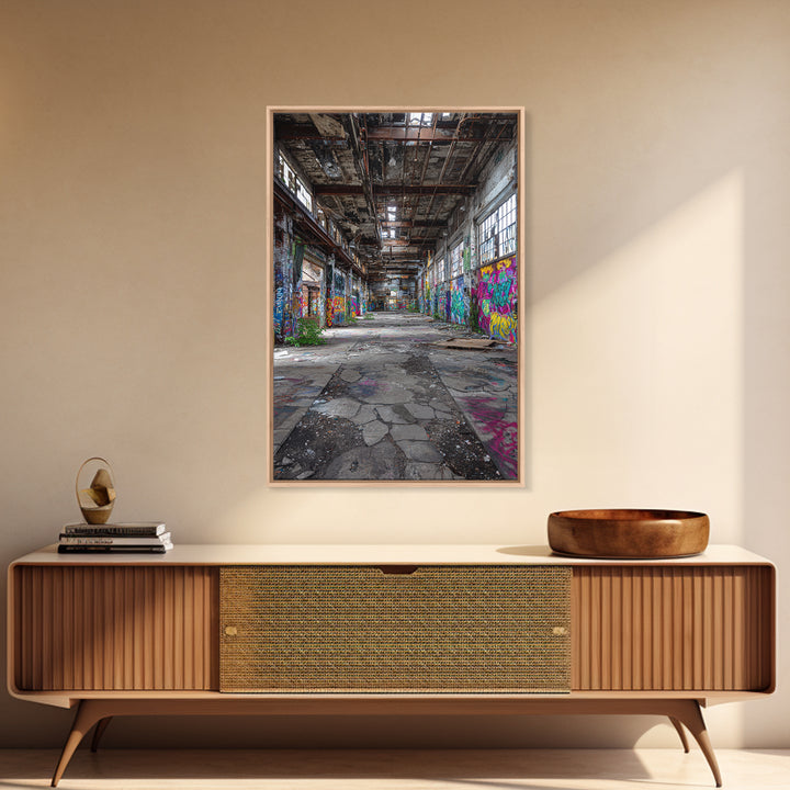 Vibrant Urban Graffiti In Abandoned Warehouse Wall Art Decor Framed Canvas Print For Modern Home Decor