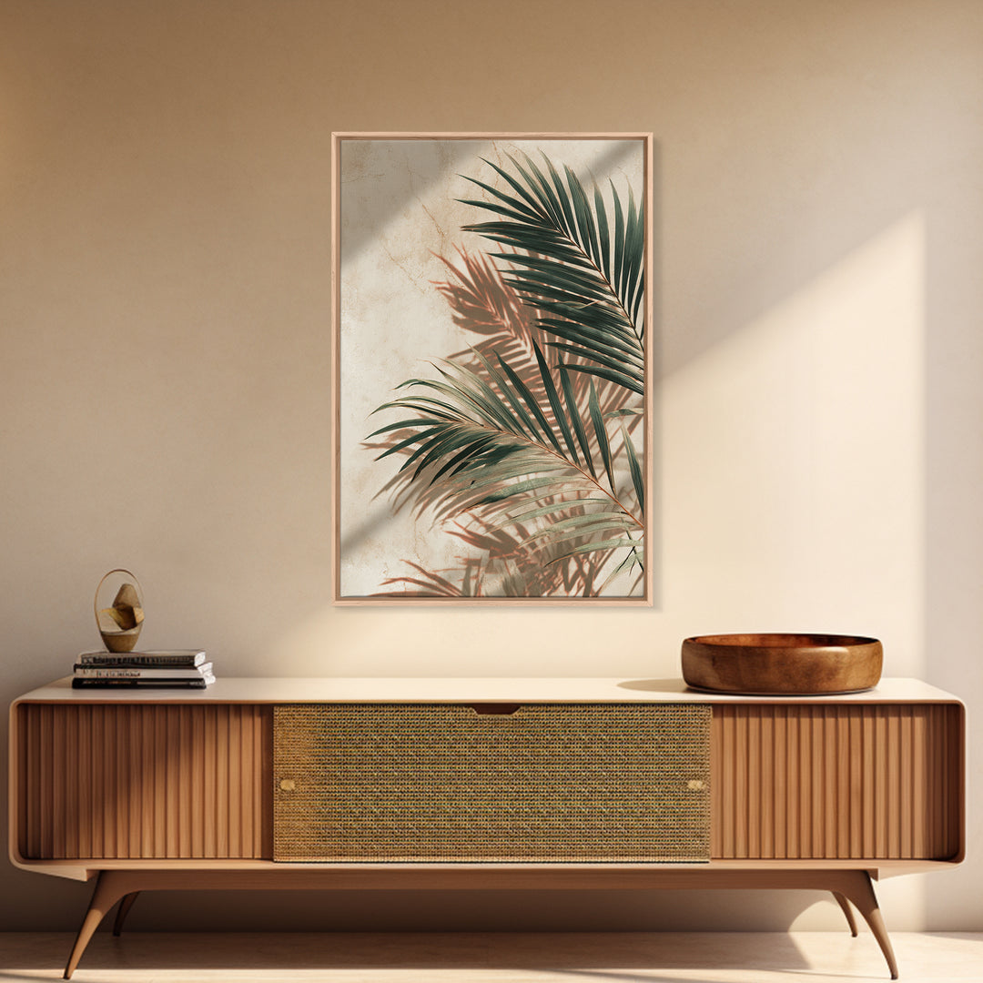 Palm Frond Shadow Botanical Wall Art, Tropical Leaf Canvas Print, Coastal Beige Modern Home Decor For Living Room Bedroom Wall Decor