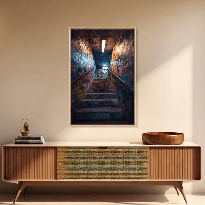 Urban Graffiti Stairwell With Vibrant Street Art Mural And Neon Lights Canvas Print Modern Wall Art For Home Decor And Office