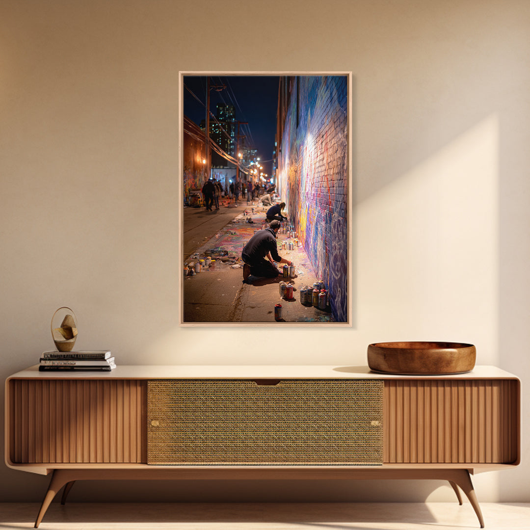 Nighttime Street Artist Painting Bright Graffiti Mural On City Wall - Colorful Wall Art Framed Canvas Print For Home