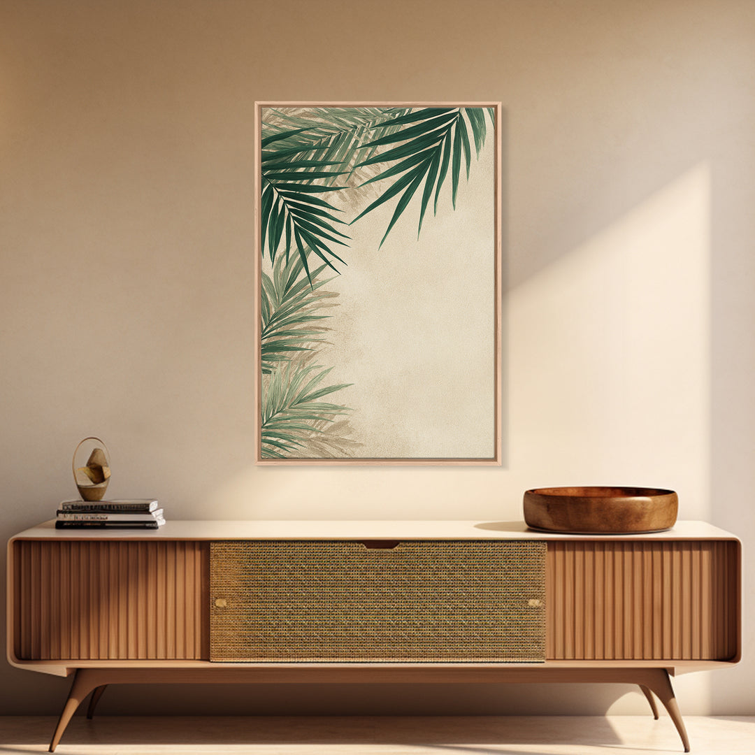 Palm Leaf Corner Botanical Wall Art, Minimal Tropical Canvas Print, Beige Coastal Decor For Living Room Bedroom Modern Wall Decor