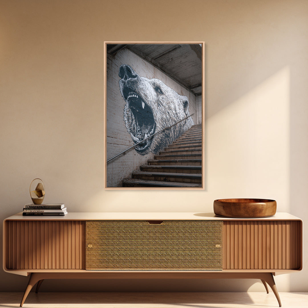 Striking Bear Mural Street Art On Staircase Wall Art Urban Canvas Print Vibrant Outdoor Wall Decor