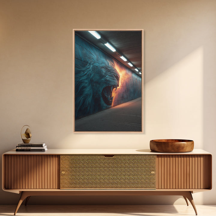 Roaring Lion Graffiti Street Art Mural With Dramatic Lighting Urban Wall Art Canvas Print